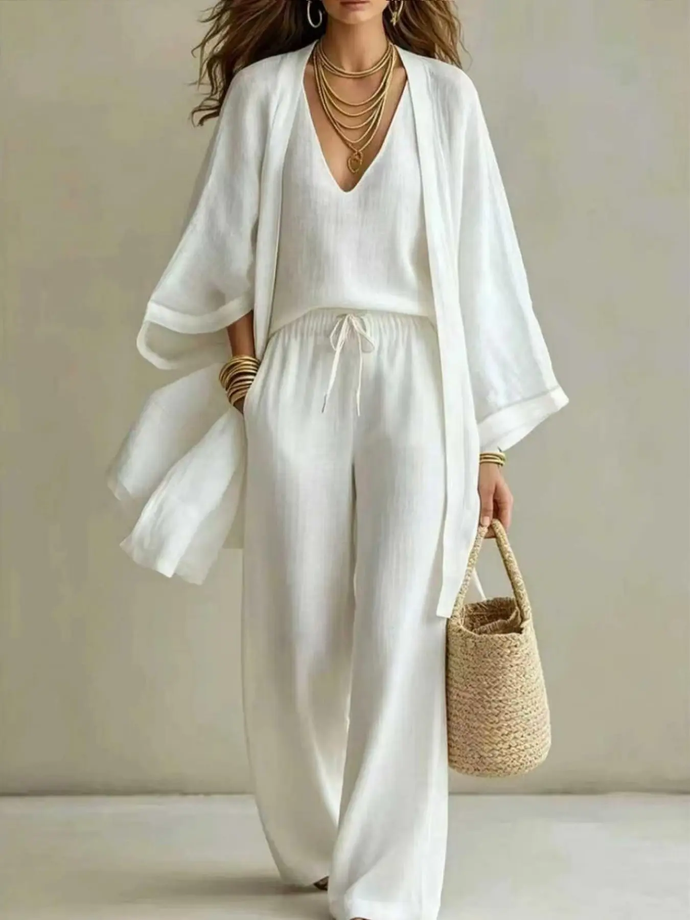 Women's Boho Style Three-Piece Set, Casual Loose-Fitting Vest, Top and Pants, Spring & Fall Fashion, Plain Design, Regular Length