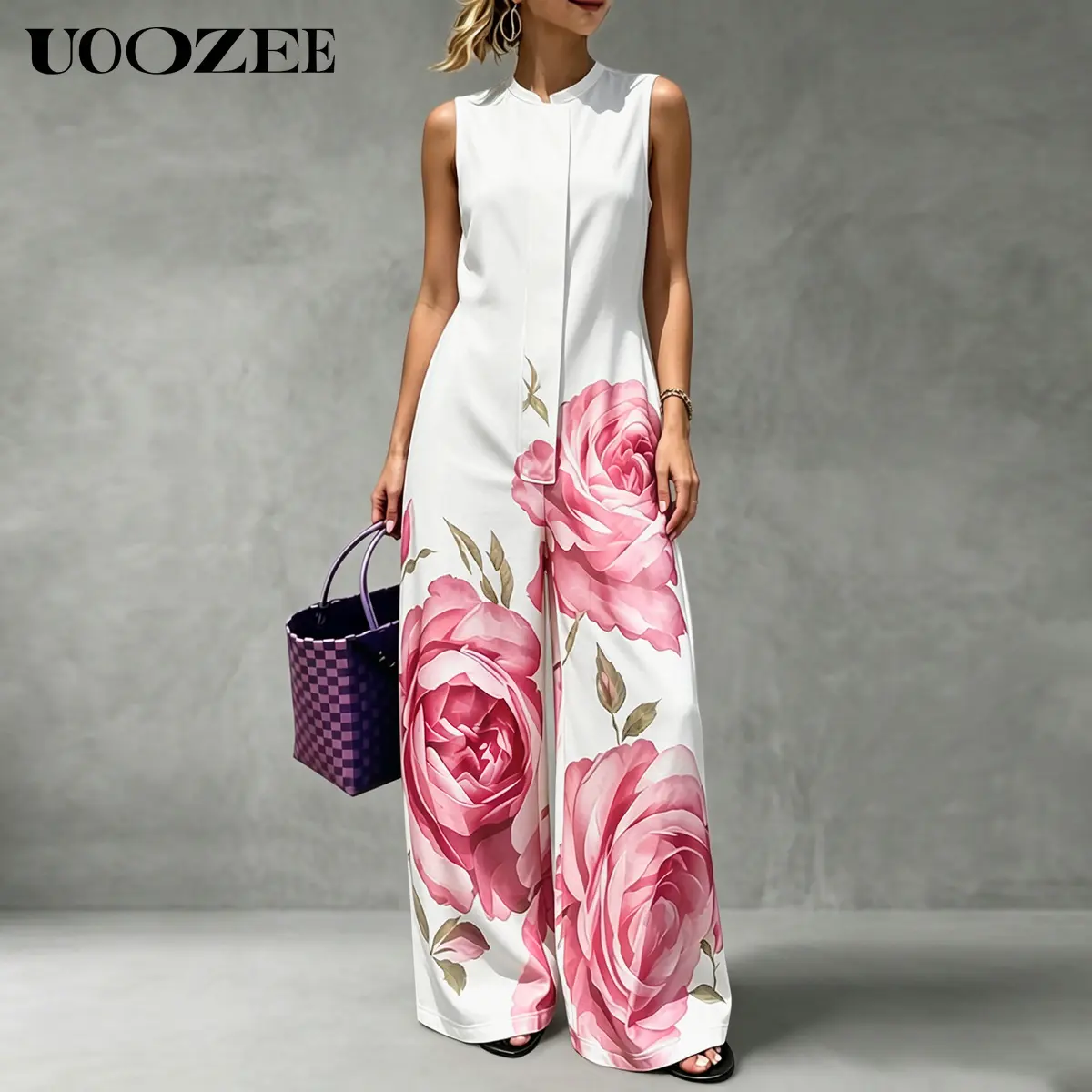 UOOZEE Women's Minimalist Jumpsuit, Elegant Sleeveless Rose Floral Print, Silky Wide Leg Party Outfit for Wedding Guest with Pockets, Earrings, Beach, Bag, Hat, Overalls, Spandex, Smooth, Style, Smart Casual, Hoop, Polyester, Oversized, Lightweight