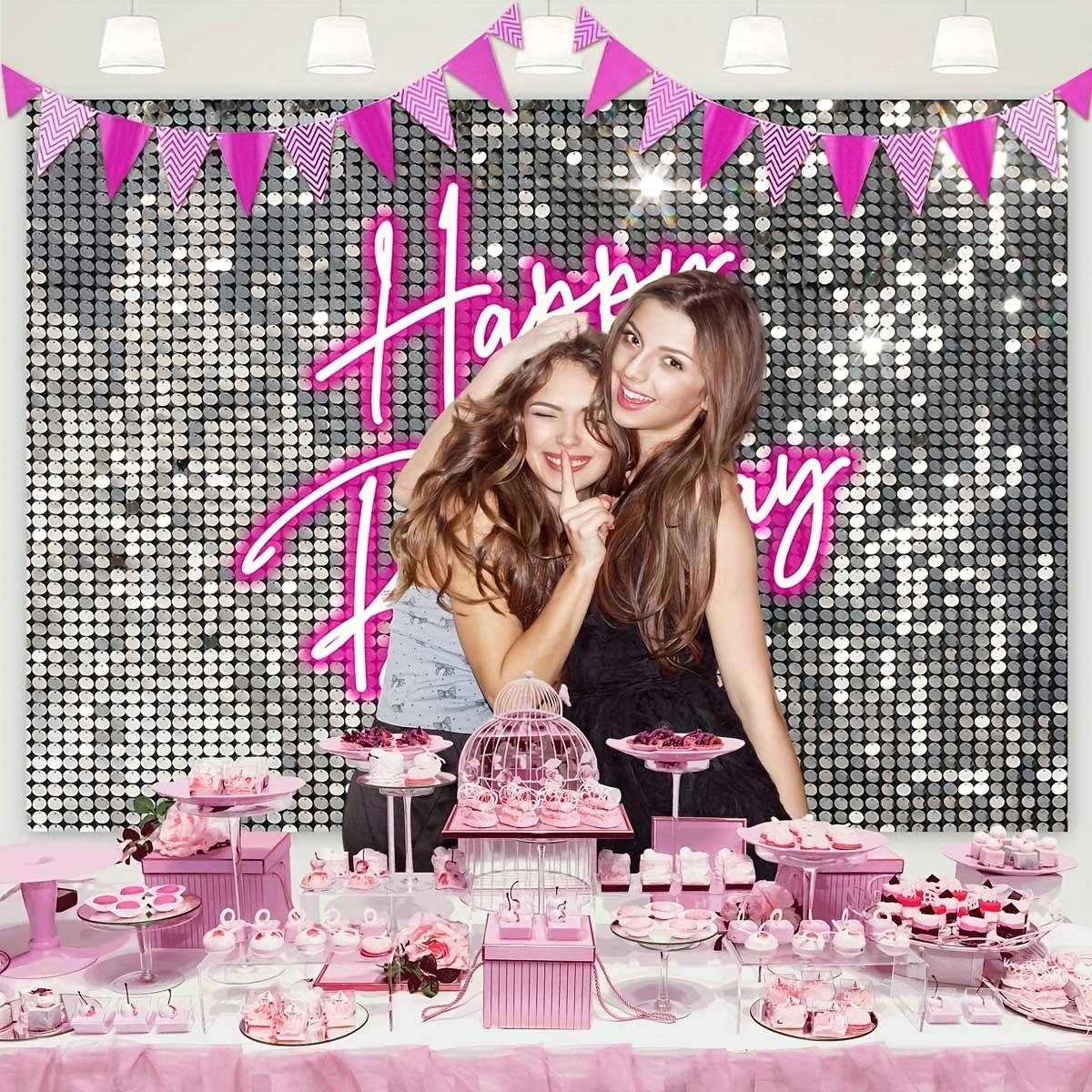 Sparkling Pink Neon Birthday Backdrop - Premium 100% Polyester Soft & Glitter Photography Banner with "Happy Birthday" Text - Perfect for Women's Milestone Parties, Photo Booths & Home Decor