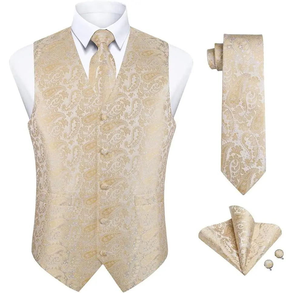 Suit Vest for Men Formal Paisley Mens Vests Dress Tie and Pocket Square Cufflinks Set Waistcoat Wedding Business