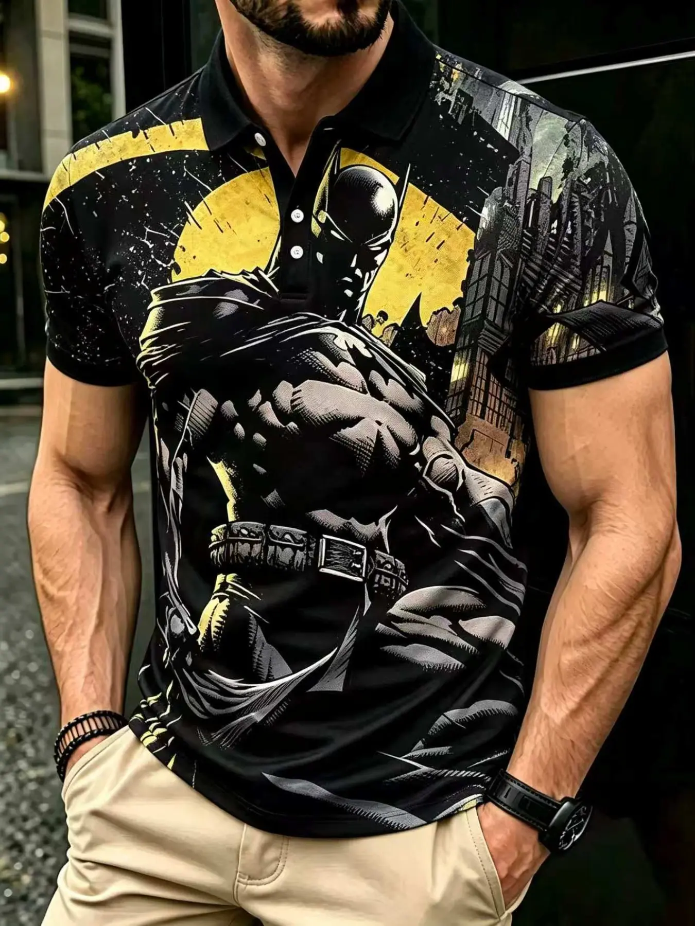 Batman Print Men's Polo Shirt, Short Sleeve Casual Printed Top, Gotham City Design, Comfortable and Stylish, Perfect for Daily Wear