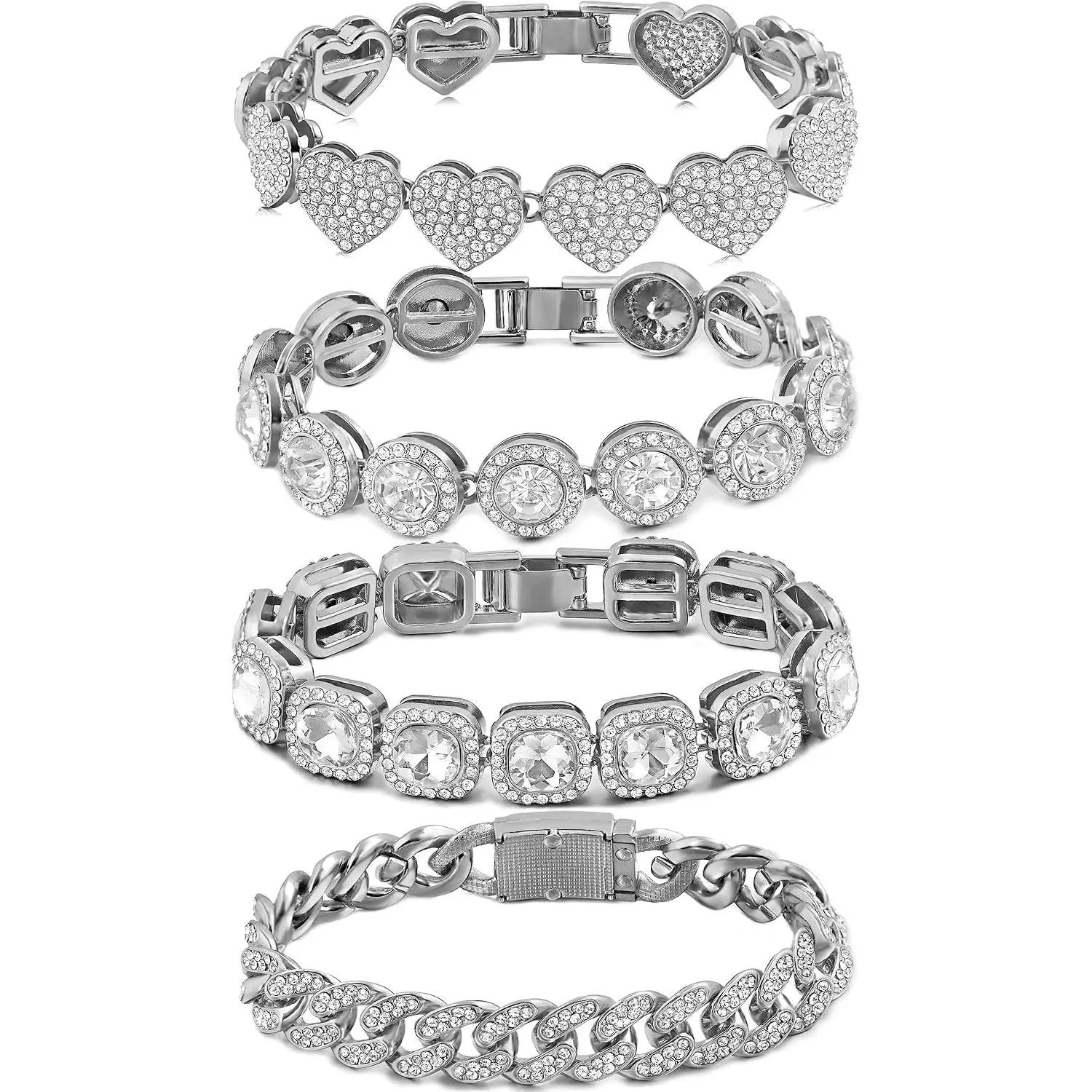 4 count  Bracelets for Women  Clustered Tennis Bracelet for Women Heart Round  Cuban Bracelet Layered Link Bracelet Set Fashion  for Women Set