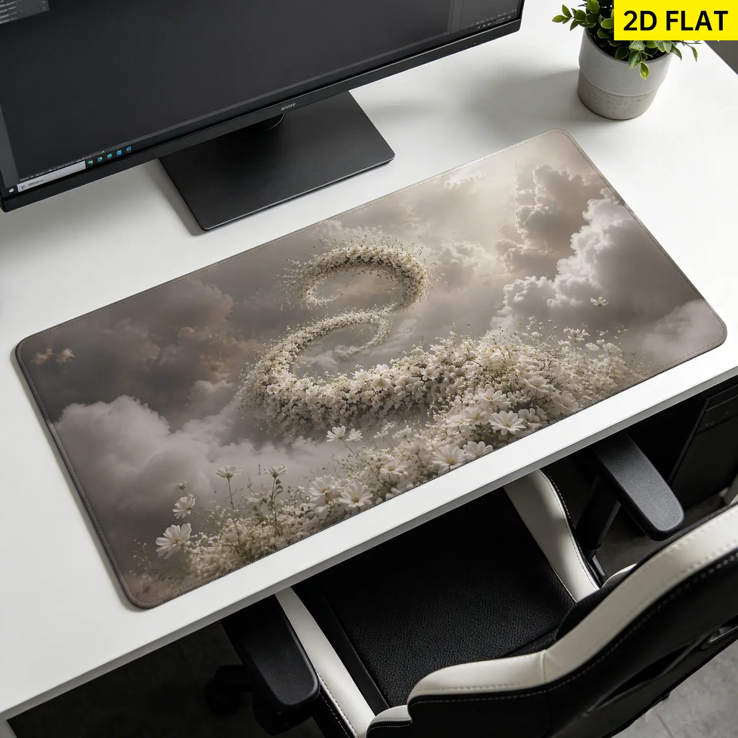 Extra Large dreamy white floral cloud swirl Mouse Pad,Non Slip Rubber Pad,Desktop Decoration Drotection Pad,Washable,Lock Edge Multi Size,Premium Multipurpose Mousepad For Home,Office,Gift for Family and Friends