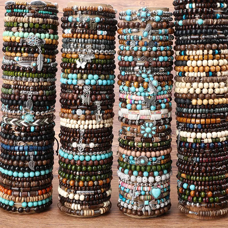 5/10pcs Mix Boho Wooden and Turquoise Beaded Bracelets for Women, Multilayer Boho Western Turquoise Bracelets Stackable Bohemian Bead Elastic Jewelry Gifts for Women Men