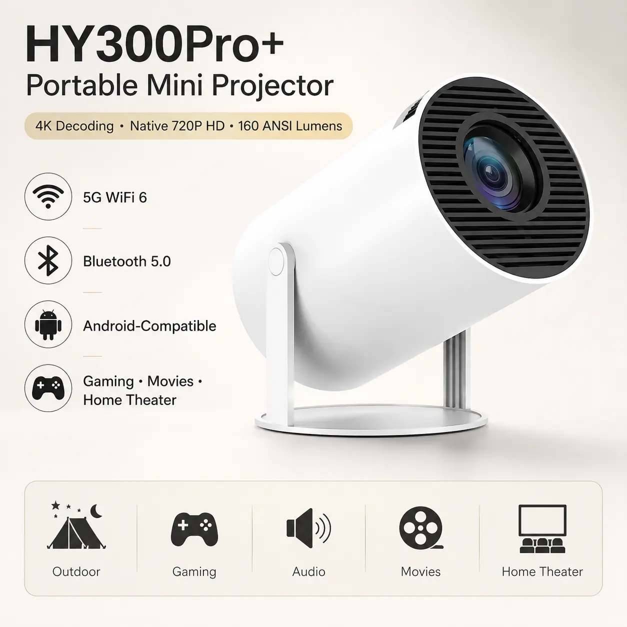 HY300Pro+ Portable Mini Projector with 4K Decoding, Native 720P HD Display, 160 ANSI Lumens, 5G WiFi 6 & Bluetooth 5.0, Android-Compatible Outdoor Projector for Gaming, Audio, Movies & Home Theater Use