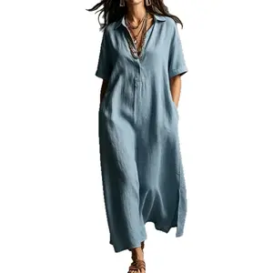 Women's Minimalist Casual Solid Cotton-Linen Lapel Short-Sleeve Midi Dress - Basic, Comfortable, Elegant Breathable Piece for Spring & Summer