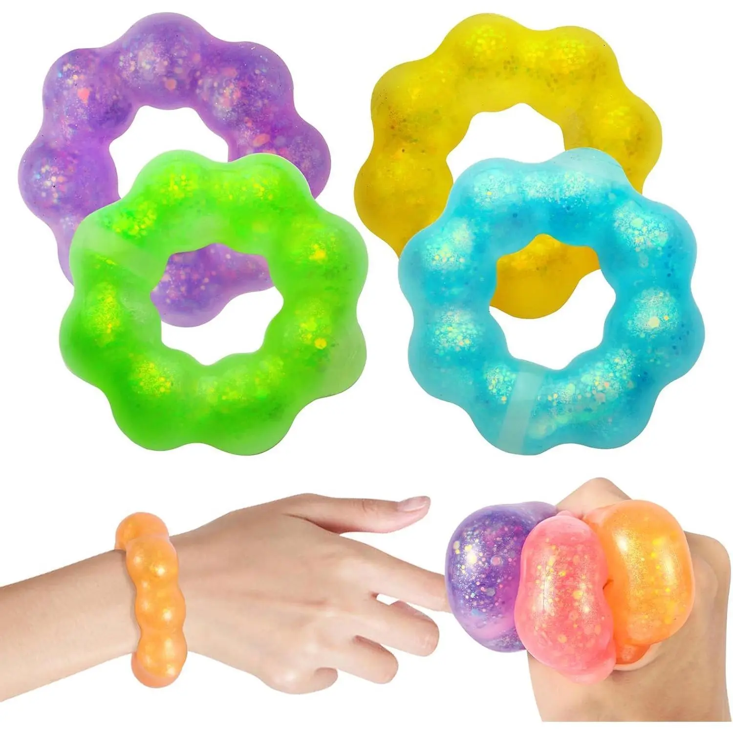 4-Pack Squishy Toys, Wearable Bracelet Stress Balls Fidget Toys, Soft Donut Stress Relief Sensory Toy for Kids Adults, Squeeze Balls Stress Toys for Party Favors Goodie Bags Stuffers
