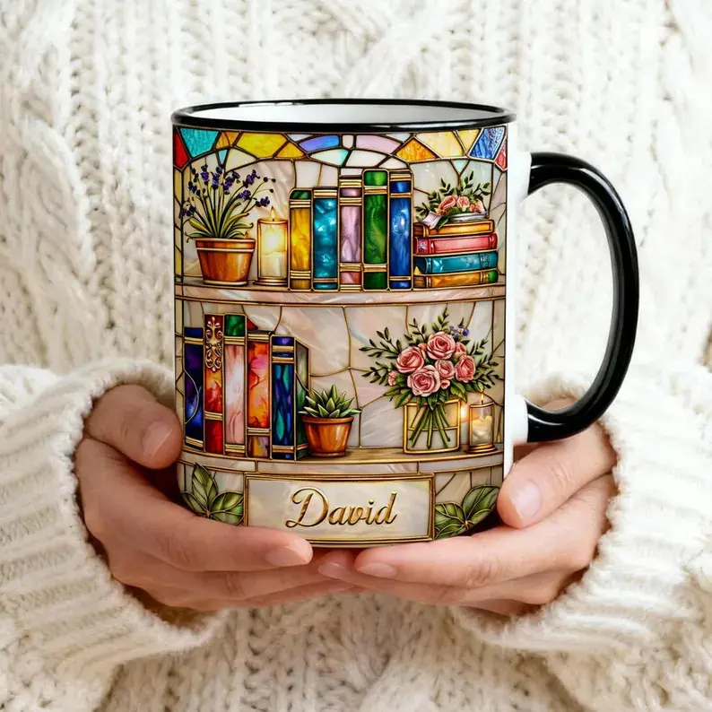 Personalized Stained Glass Bookshelf Mug, Custom Name Coffee Cup, Vintage Floral Library Mug, Book Lover Gift for Reader