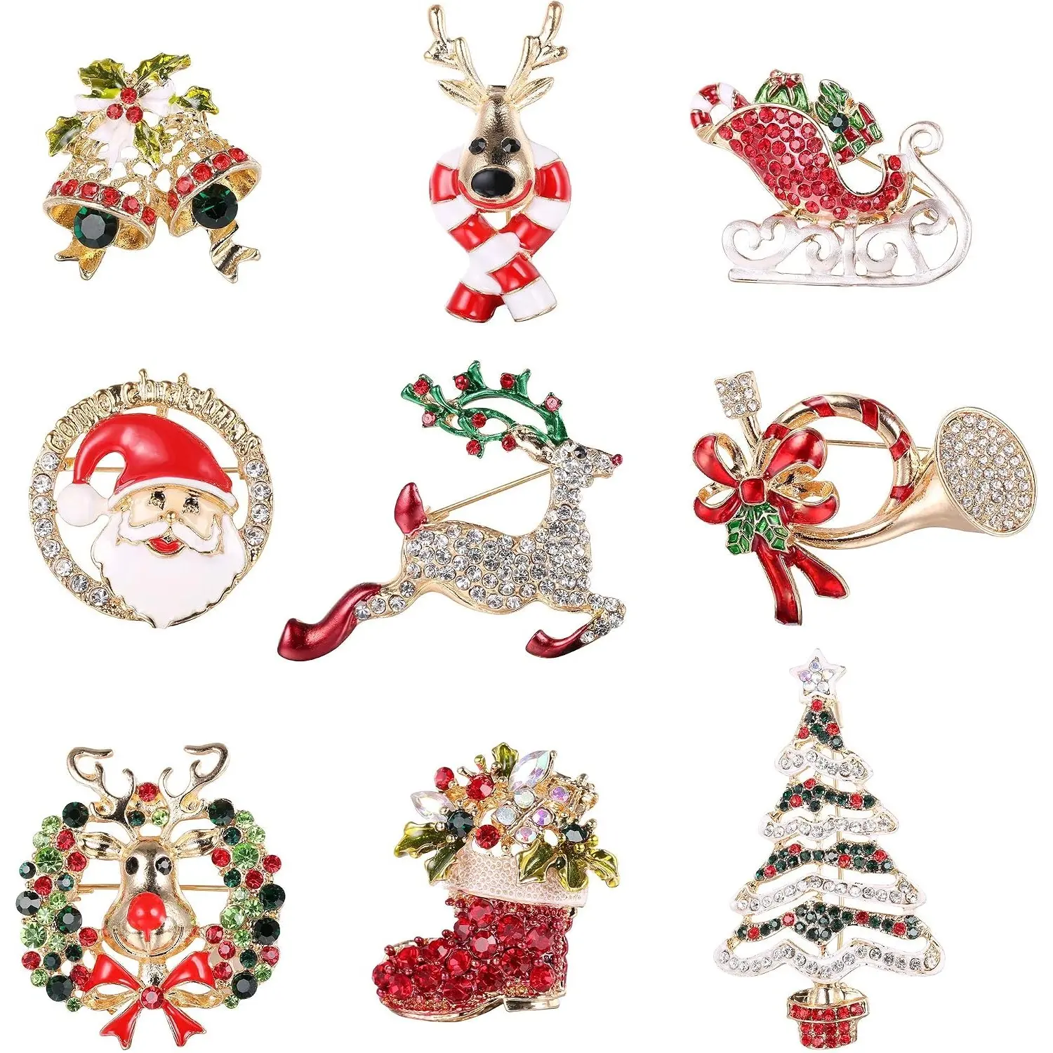 9 Pcs Christmas Brooch Pin Set for Family Rhinestone Crystal Cute Christmas Brooches for Santa Claus Christmas Tree Reindeer Pin Set Holiday Christmas Gift