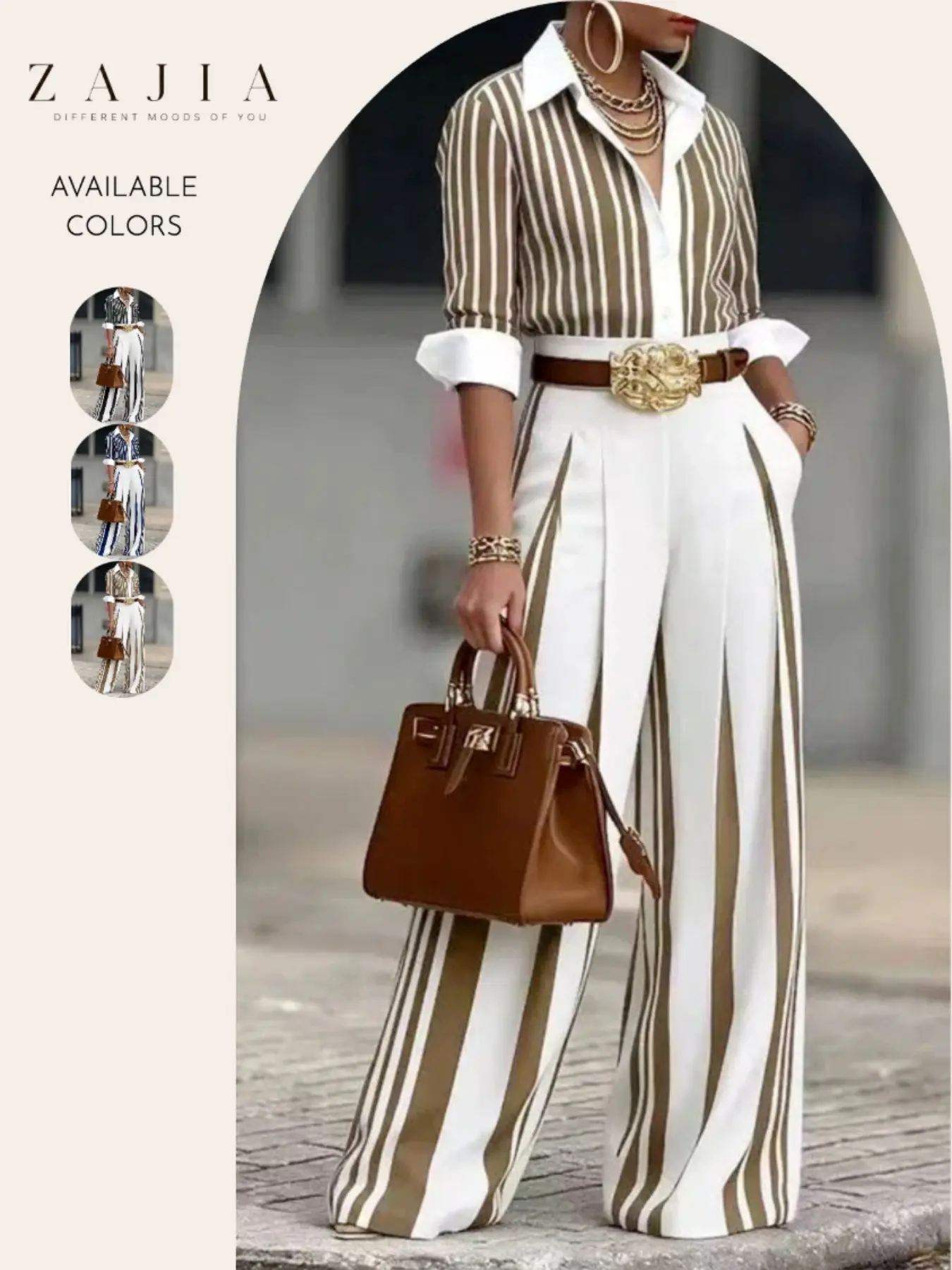 Women's 2 Piece Striped, Button Down Shirt & Wide Leg Pants, Casual Matching Outfits Set, Long Sleeve, Office Work Chic