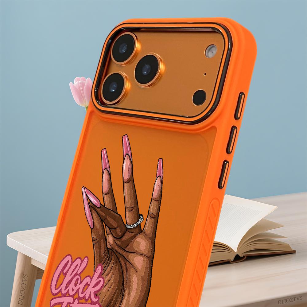 Fashion Hand and Clock That Tea Text Pattern Phone Case for iPhone 17 Pro Max 17Air 16 Plus 16e 15 14 13 12 11 Color Blocking Button and Camera Frame Design Shockproof Skin Feel Shell