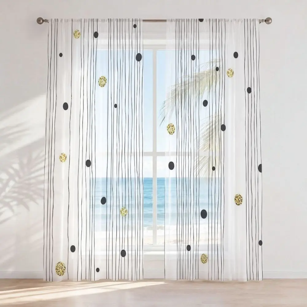2pcs set of modern fashionable vertical brushed striped sheer curtains with gold dot embellishments, rod pocket design, polyester fabric, suitable for living room and bedroom window decoration, machine washable