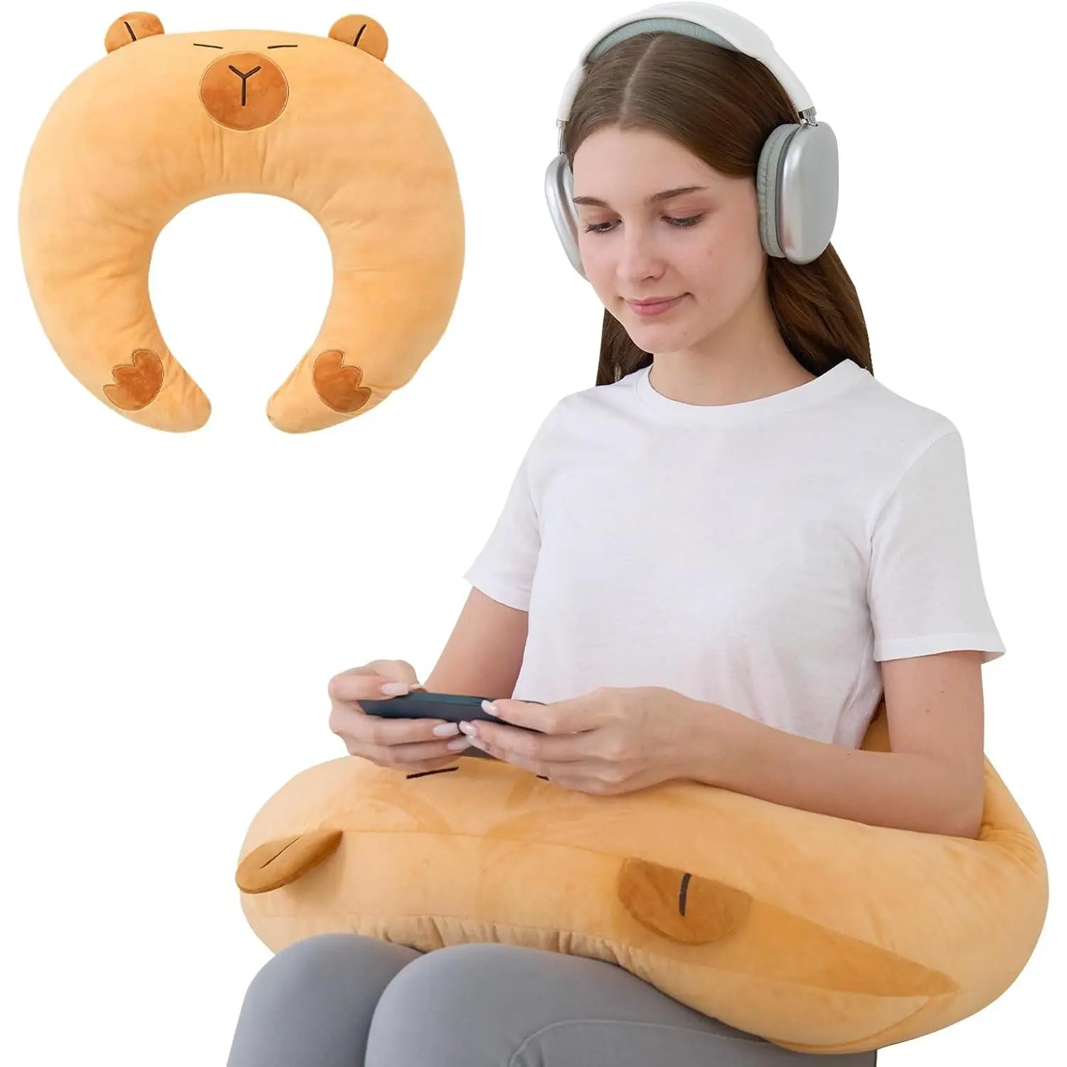 Cute Brown Gaming Pillow for Lap - Plush Reading & Crocheting Pillow for Sitting in Bed, Soft Arm Cushion for Tablet/iPad Accessories, Room Gamers & Capybara Lovers