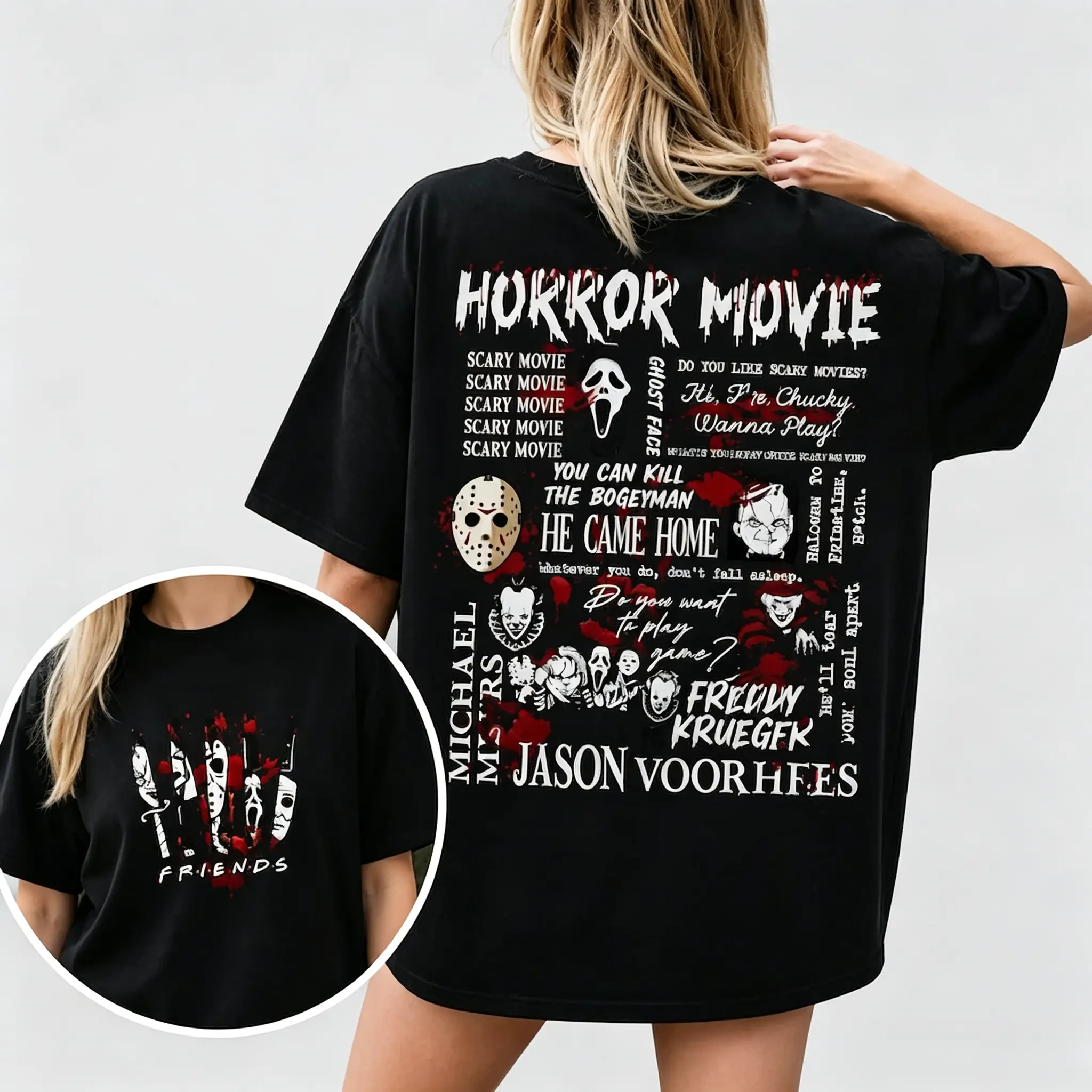 Horror Halloween Movie Friends Graphic T-Shirt, Double Sided Print Shirt, Classic Horror Villains Characters Shirt,Retro Gothic Casual Short Sleeve Tee For Women Men ,Spooky Halloween Outfit # HorrorTee # HalloweenShirt # GothicFashion