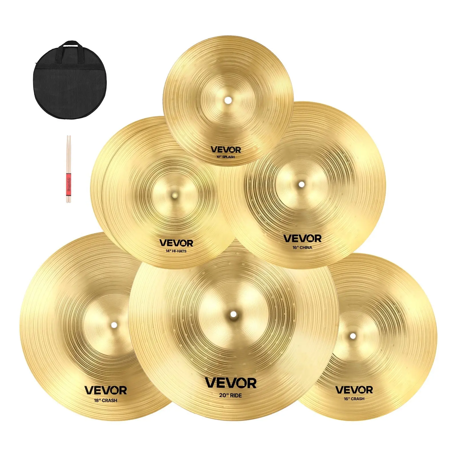 Cymbal Pack, 6 Pieces Cymbals for Drum Set, Alloy Cymbals Drum Set Includes 14-inch Hi-Hats, 16-inch Crash, 18-inch Crash, 20-inch Ride, 10-inch Splash, 16-inch China, Drumsticks Cymbal Bag