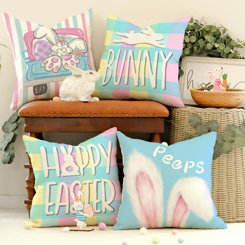 Easter Themed Cushion Cover, 4 Counts/set Cute Rabbit Egg Pattern Throw Pillow Cover, Household Decoration Supplies for Home Living Room Sofa