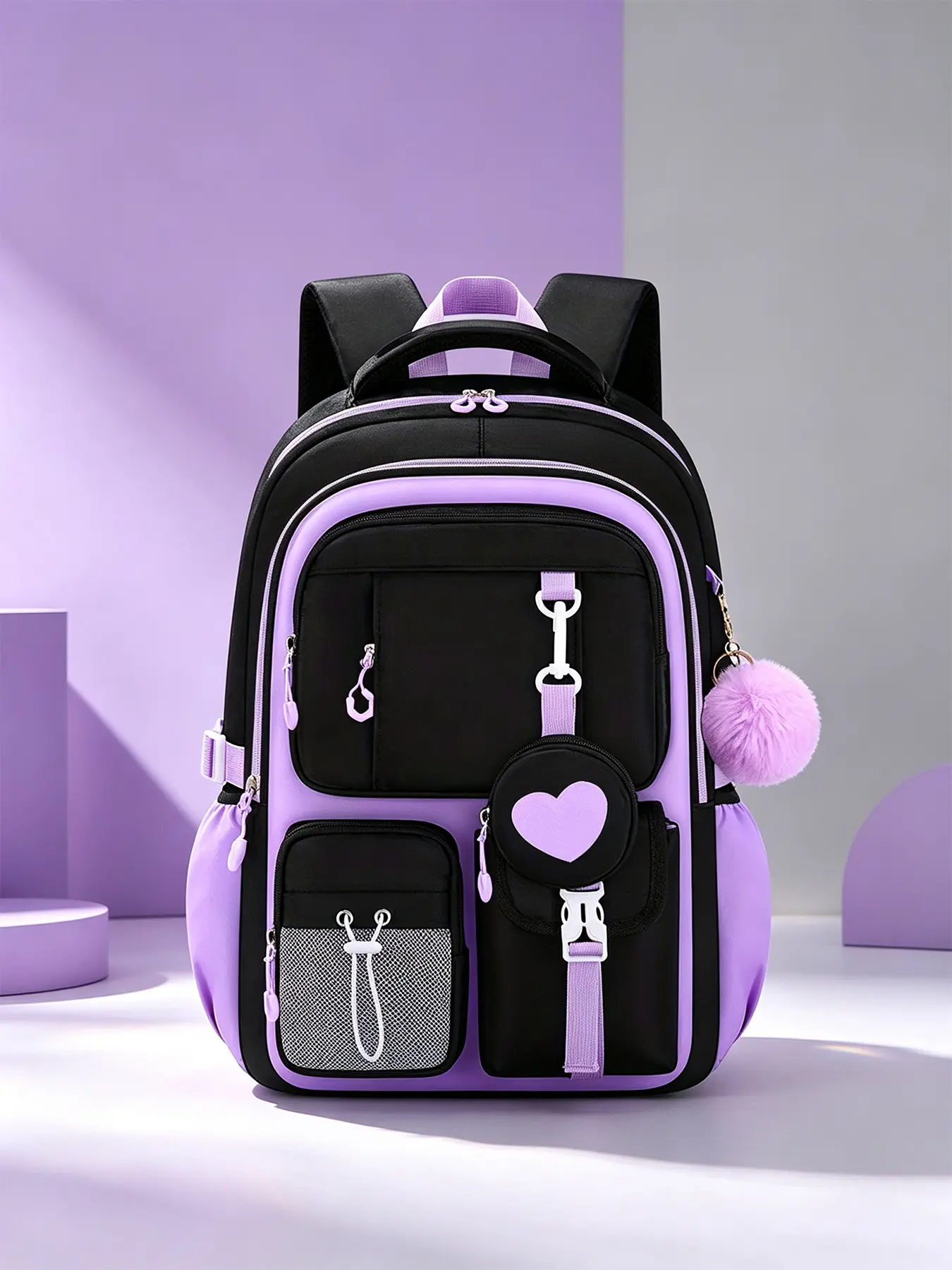 1pc Black Lavender Color Block Multi-compartment Backpack, Casual College Backpack, Heart Ornament, Detachable Fluffy Pom Pom, Coin Pocket, Adjustable Buckle Padded Straps, Large Capacity for Campus Study, Daily Casual Outings