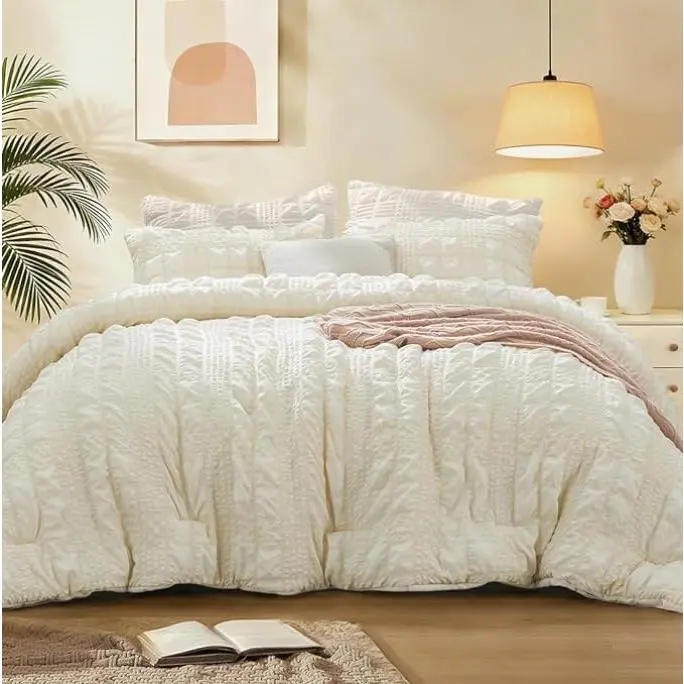 Comforter Set, Seersucker Bedding Set 3 count, Cream |   Use, Machine Washable, Soft and Lightweight, Ruched Comforter for Bedroom, Wrinkle-Resistant, Cozy and Stylish