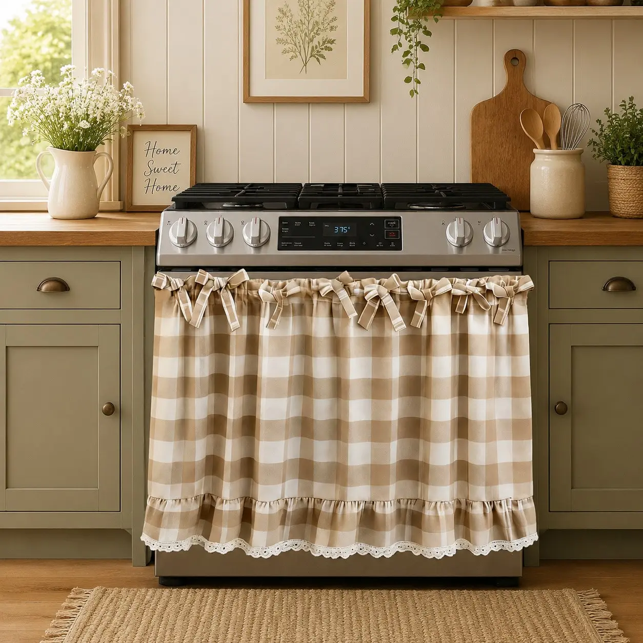 Various Styles of Rustic Kitchen Handmade Oven Aprons and Stove Decorative Skirts, Featuring Lace Trim and Multiple Straps; Vintage Country-style Oven Door Curtains, Suitable for Rustic Cottages and Everyday Kitchen Decor