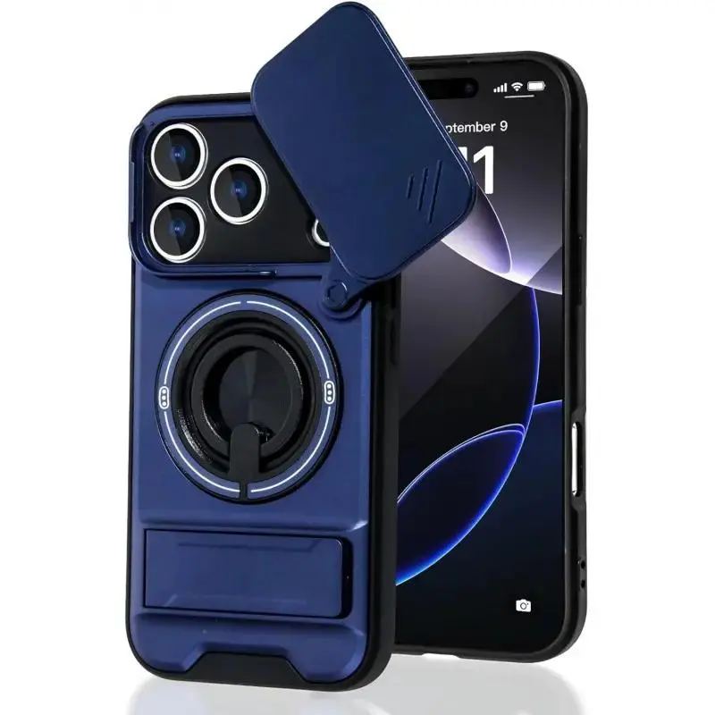 Magnetic Phone Case for iPhone 17/16/16E/15/14/13/12/11 Pro Max Plus, Wireless Accessories with Invisible Magnetic 360° Rotating O-Ring Stand, Camera Sliding Cover, MagSafe Compatible, Military Grade Drop Protection, Full Camera Lens Protector