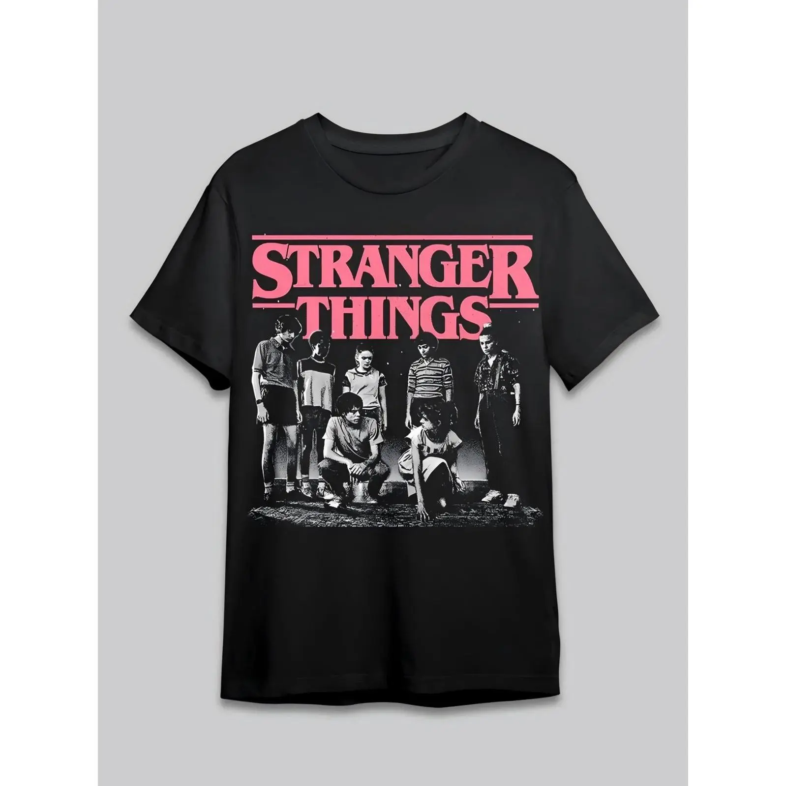 Men's Stranger Things Retro Character Short-Sleeve T-Shirt - Hawkins Crew Tee, Soft Denim Garment, Cardigan-Style Menswear Garments, 80s Nostalgia Top for TV Show Fans, Casual Breathable, Cardigans, Shortsleeve, Cotton, Aesthetic, Tops, Round Neck, Stylis