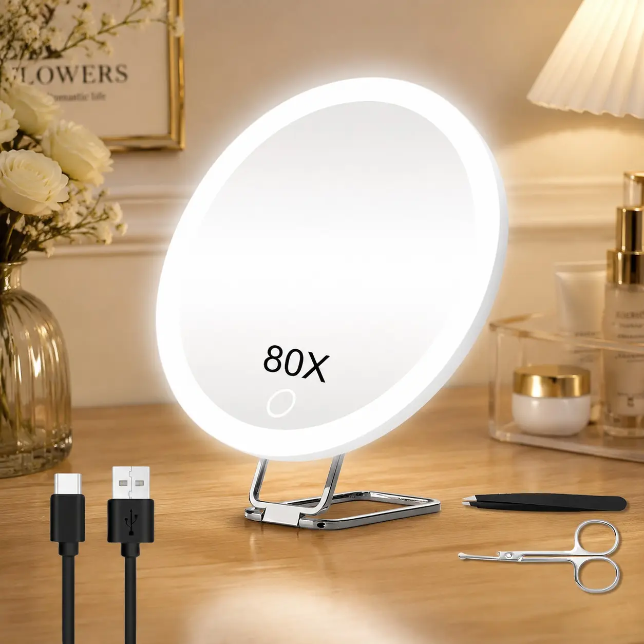 80x LED Magnifying Makeup Mirror, Touch Screen Adjustable Light, Wall-Mountable, Includes Tweezers and Trimmer, Ideal for Gift, Makeup Vanity Mirror, Lighted Magnifying Mirror