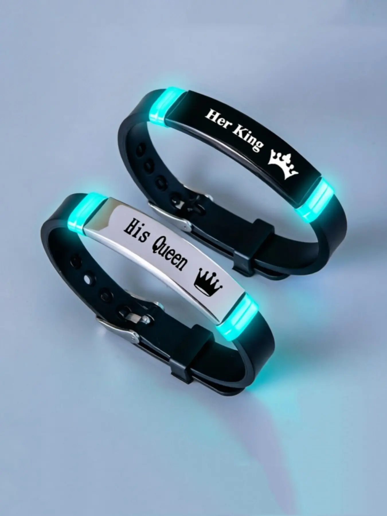 Night Glow Couple Bracelet, Ker King Hi Queen Letter Stainless Steel Silicone Wristband, Steel Color Bangle Gift, Bracelet Sets, Matching Bracelets