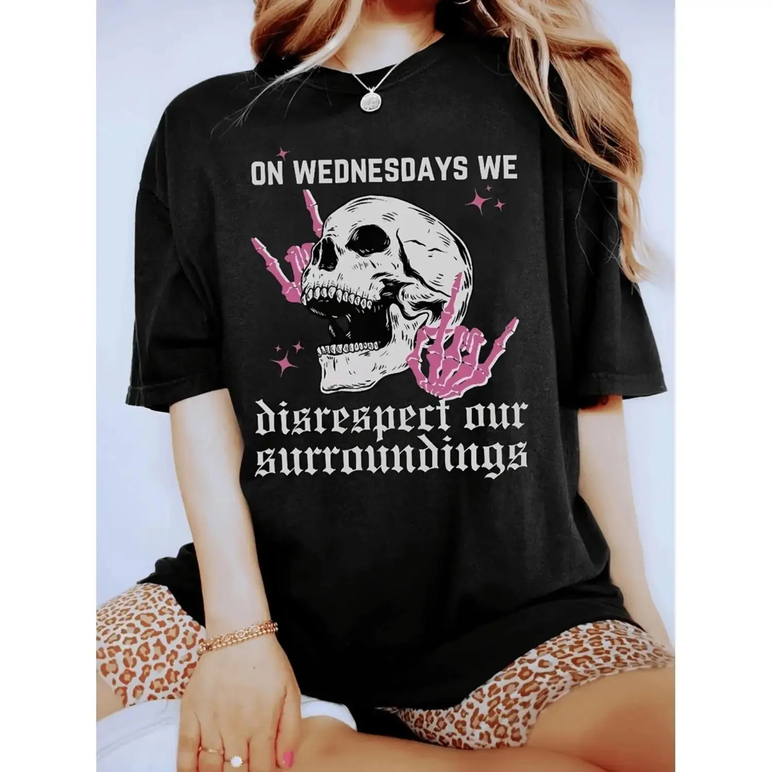 Women's Stretchy Fabric Black Graphic Tee - Skull Stars, Rebellious Wednesday Quote, Round Neck, Short Sleeve - All-Season Casual Sports Top, Graphic Tees, Shirts for Women, Tops, Women's Clothes