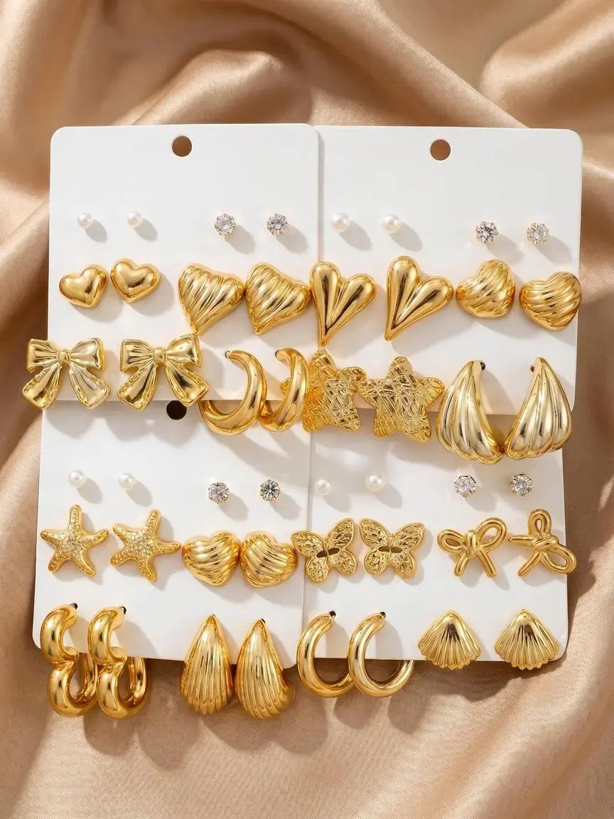 24 Pairs Earring Set, Cute Vintage Fashion Elegant Bow Heart Shell Drop Imitation Pearl, Creative Ear Studs for Women, Daily Wear Earrings Jewelry Gift