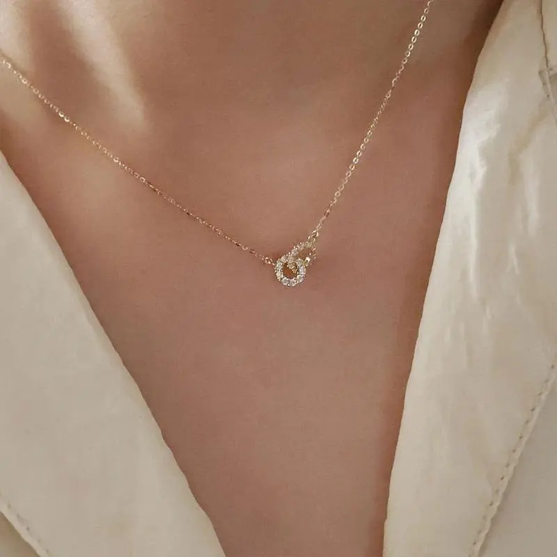 925 Sterling Silver Interlocking Diamond Necklace Light Luxury Double Ring Zircon Pendant Collarbone Chain Simple Jewelry