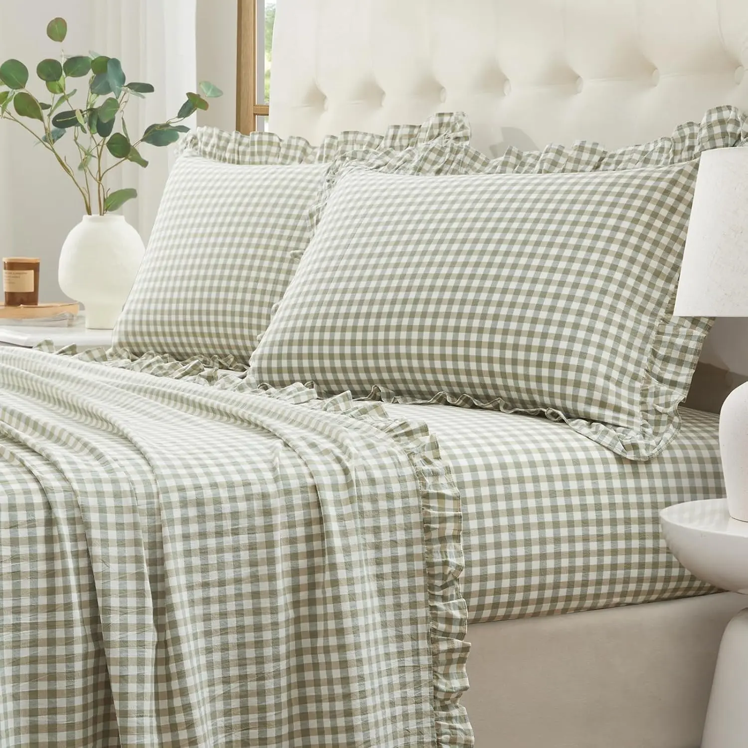 Sage Green Ruffle Gingham 4-Piece Queen Bed Sheet Set, 16-Inch Deep Pocket Cotton Sheets, Checkered Farmhouse Decor, Breathable & Comfortable, Four Pieces
