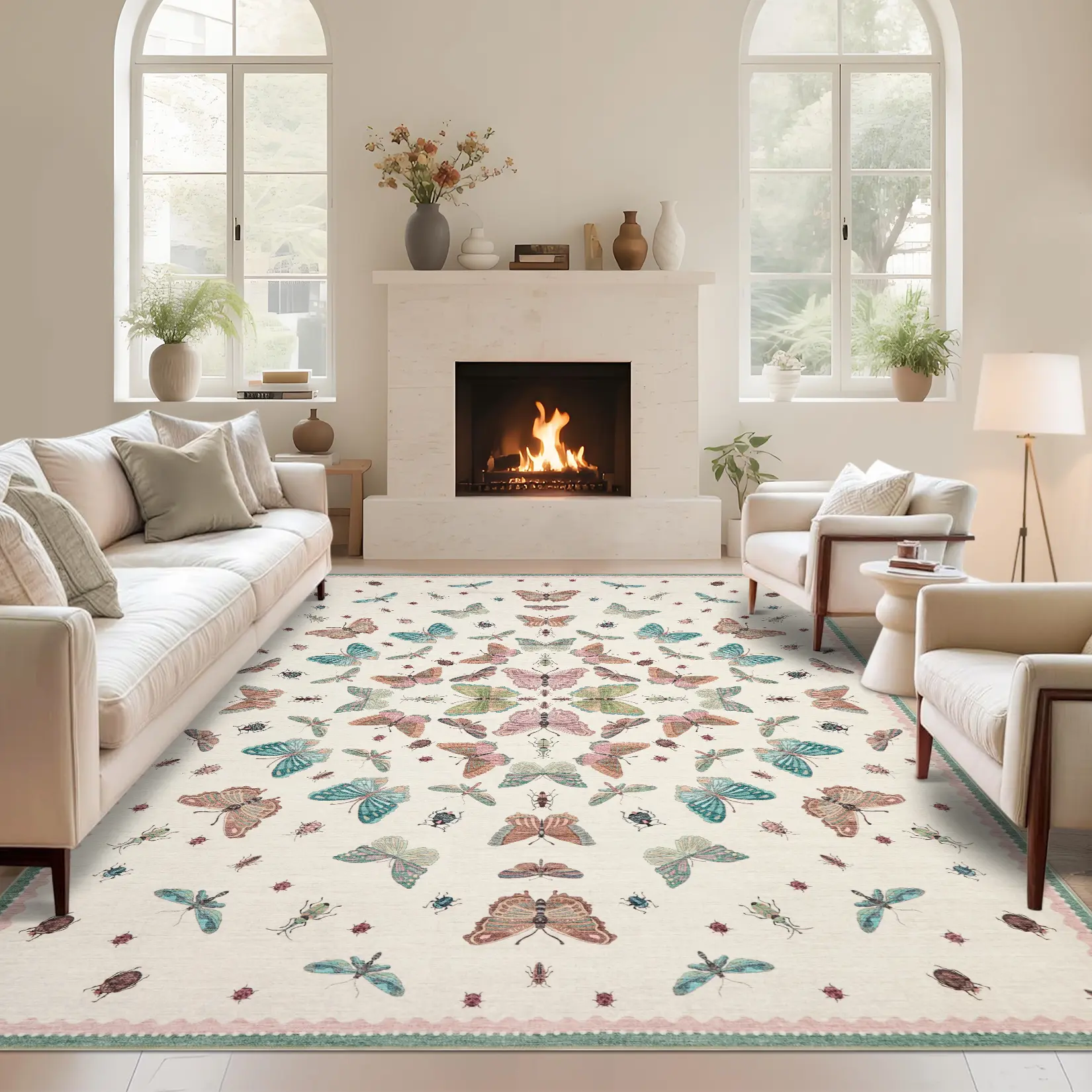 Butterfly Print Rug Rustic Style Interior Decor Soft Non-Shedding Washable Stain-Resistant Non-Slip Foldable for Bedrooms Living Rooms Farmhouses Restaurants and Offices mat