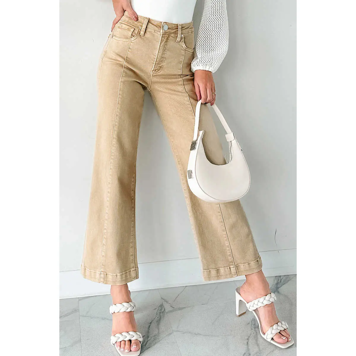Apricot Solid Color Seamed Center Wide Leg Cropped Jeans  ,cute jeans