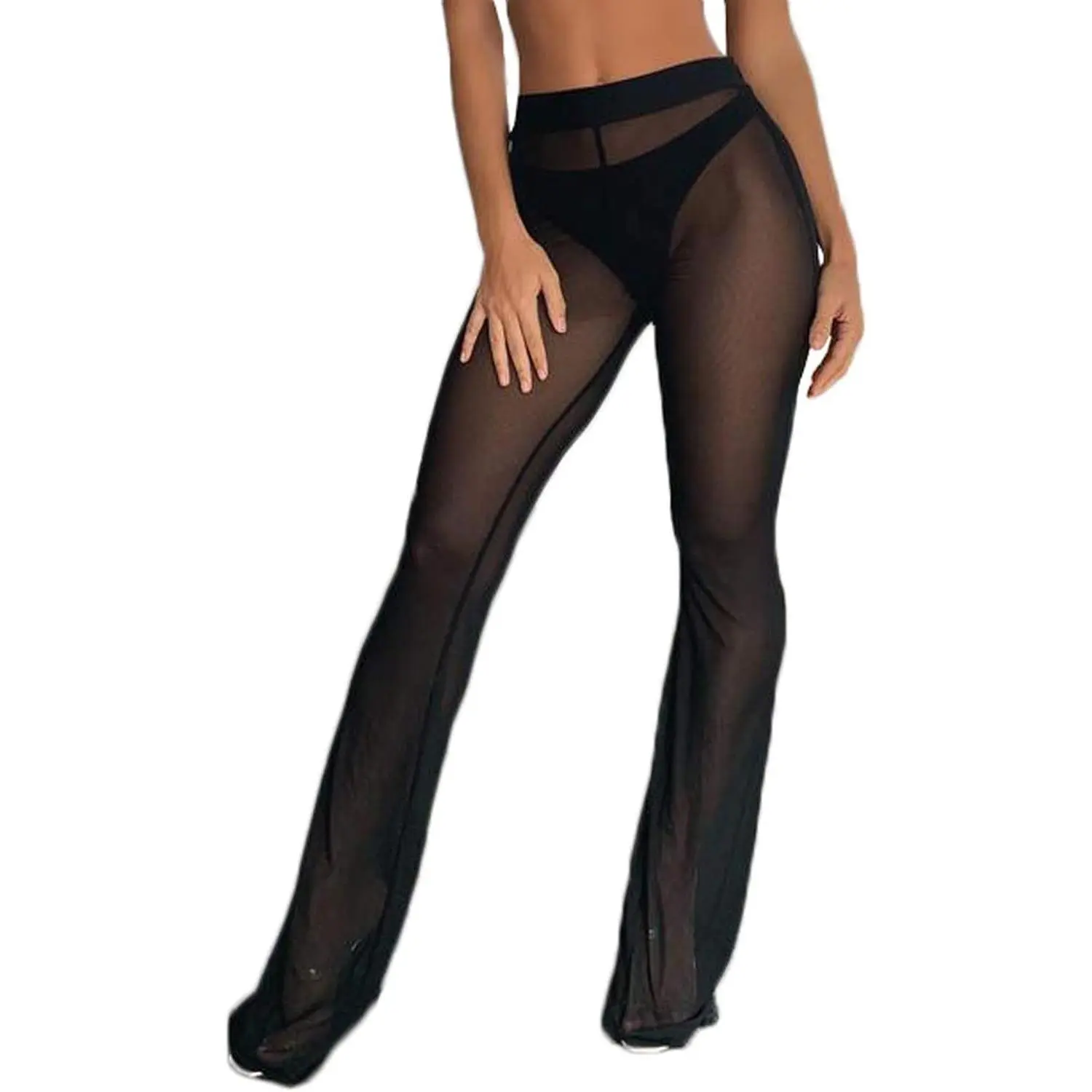 Women Ruffle Sheer Mesh Pants See Through Bikini Bottom Swimsuit Cover up Wide Leg Beach Pants