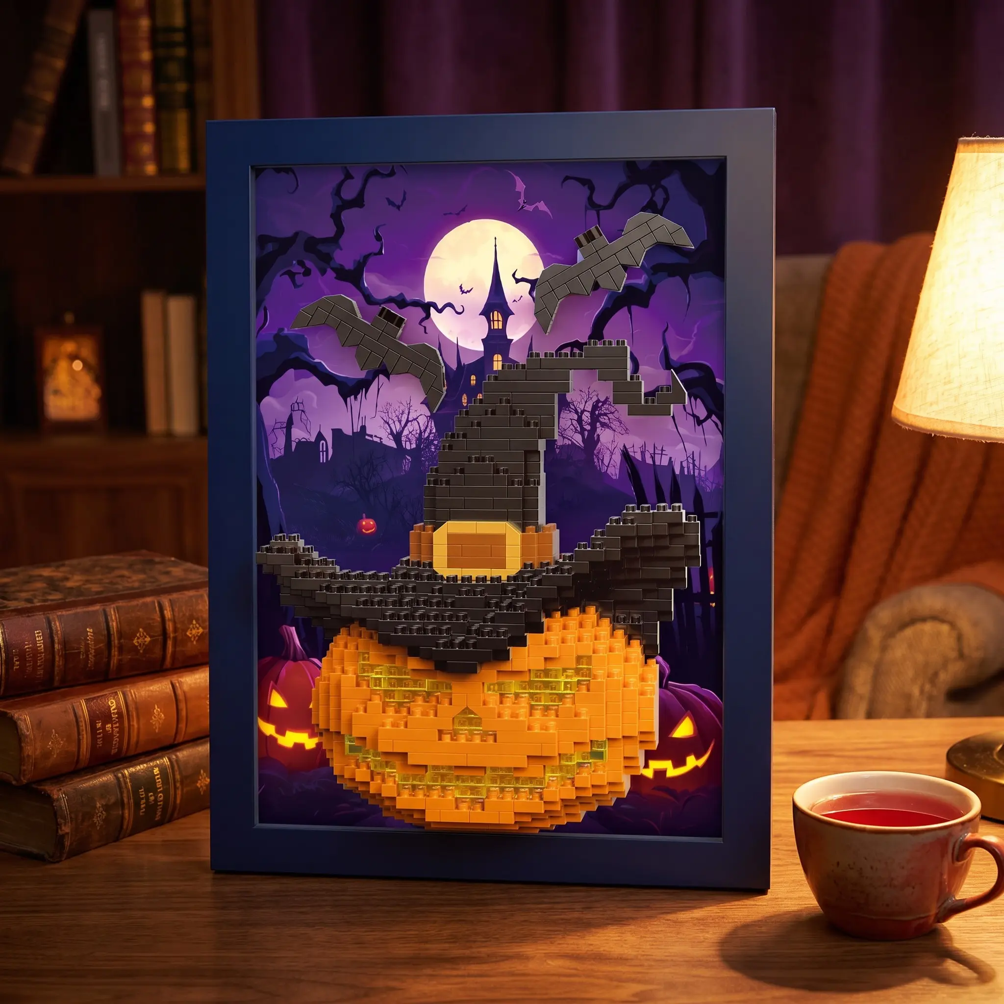 650 Pieces Halloween Pumpkin Witch Hat Building Blocks 3D Photo Frame, DIY Micro-particle Bat Haunted House Assembly Ornament, Holiday Handmade Gift for Adults & Teens, Desktop and Wall Home Decoration Crafts