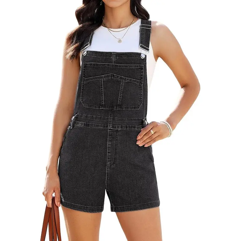 Women’s Stretchy Denim Bib Shortalls with Loose-Fit Cut, Adjustable Straps, Bib Pockets, Casual Summer Vacation & Everyday Outfit, Stretch Denim