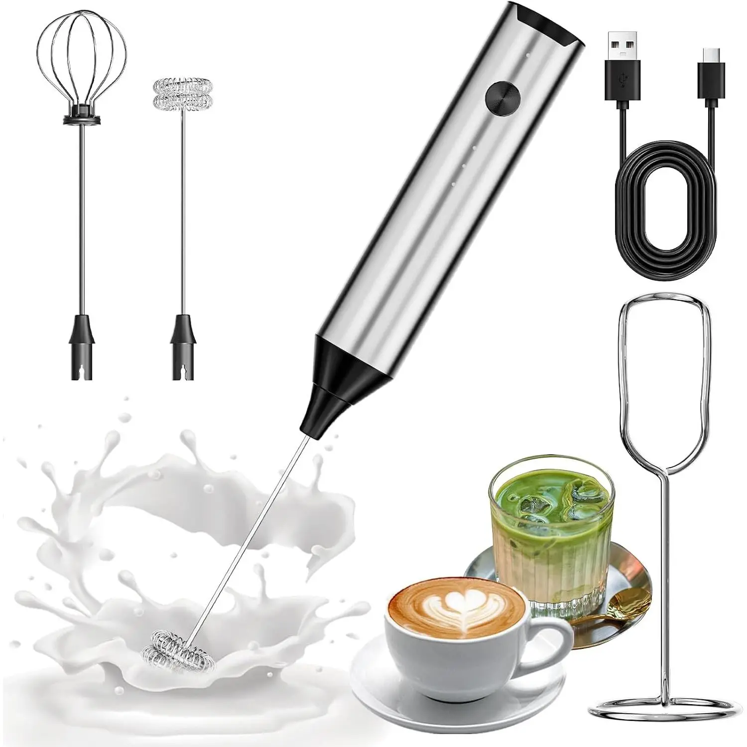 Rechargeable Hand Frother with Stand, Handheld Milk Frother for Coffee, Drink Mixer Frother Wand Electric Whisk Stirrer for Matcha, Latte, Hot , Cappuccino (Stainless Steel)