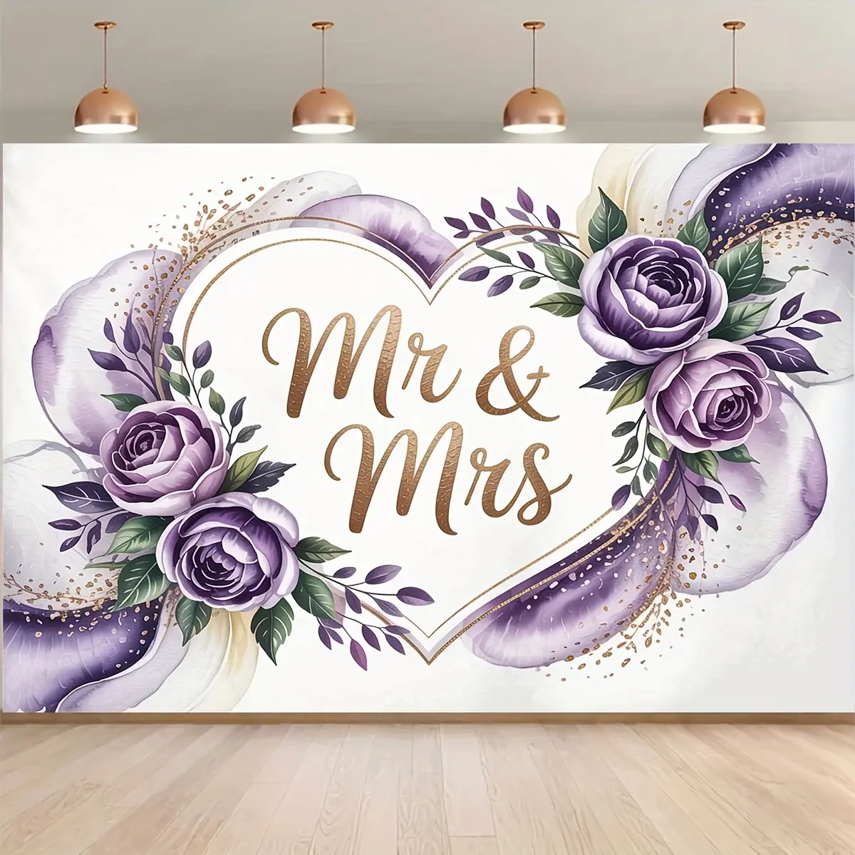 Mr & Mrs Purple Floral Heart Printed Tapestry - Polyester Multi-Size Rectangular Lightweight Home Decor, Elegant Wedding Backdrop Banner, Photo Background for Wedding Parties, Room Wall Decoration Gift