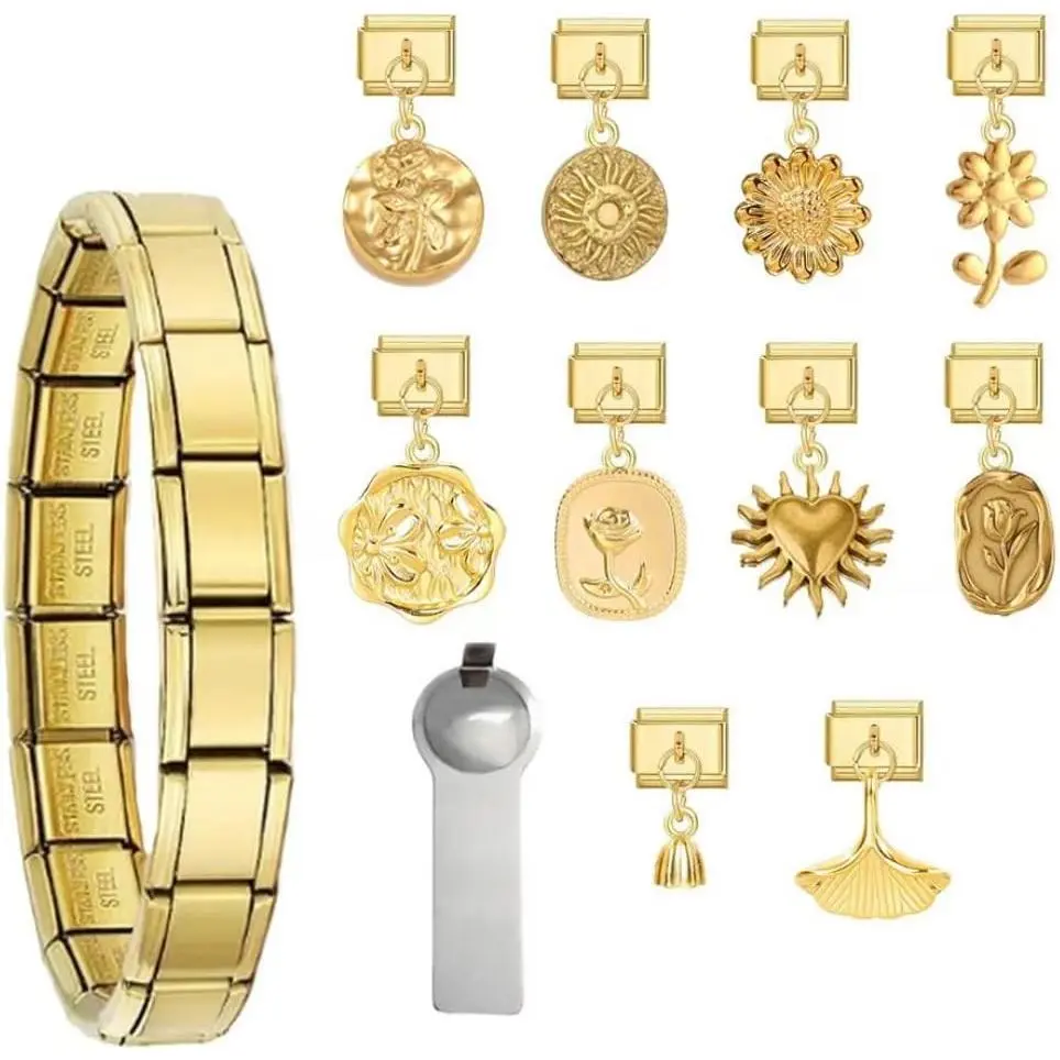 Women's Modern Stainless Steel 9mm Modular Italian Bracelet Charm Set with Starter Bracelet, Opening Tools & Unisex Wear Compatibility (Flower 149) – Ideal Personal Gift