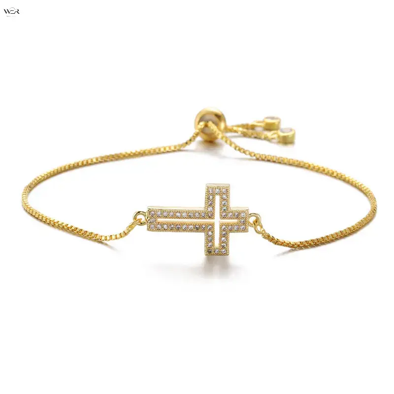 2 Tones Gold Silver CZ Zircon Cross Adjustable Slide Bracelet, Thin Box Chain Christian Faith Wrist Jewelry, Minimalist Hollow Pave Crystal Cross Bangle, Dainty Religious Bracelet Gift for Women Daily Party Wear