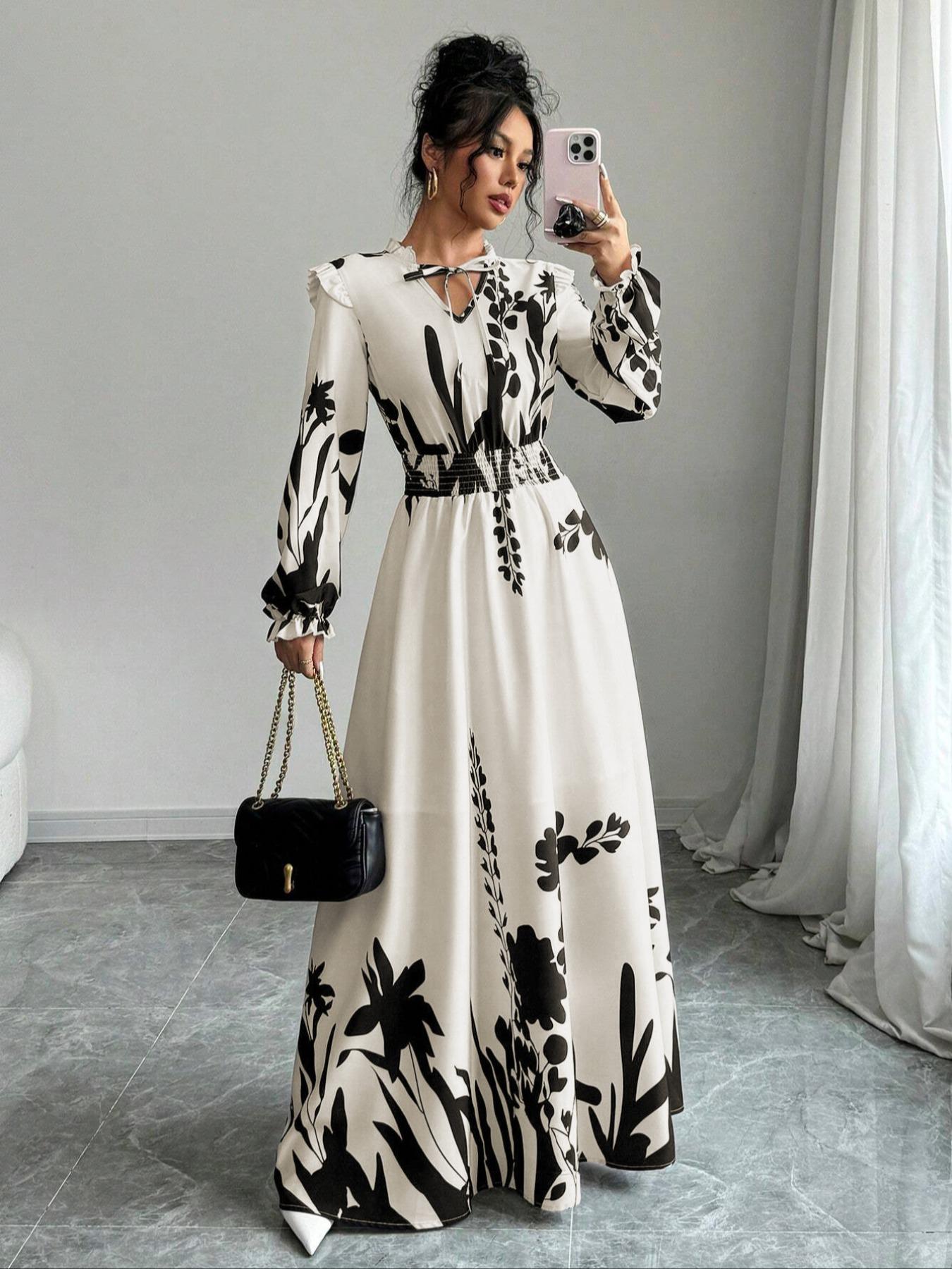Women's Floral Print Self-Belted Neck Dress, Spring & Fall Long Sleeve A-Line Maxi Skirt, Boho Elegance Style, Slimming Set