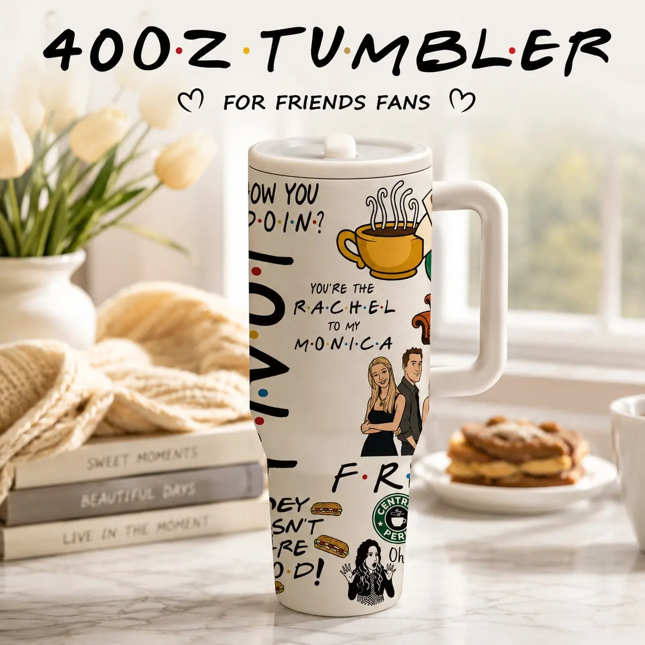 1 Pc 40oz Friends Fans Insulated Tumbler With Handle, Double Wall Vacuum Stainless Steel Travel Mug, Flasks, Keeps Cold 24H Hot 12H, Leakproof Cup for Coffee, Office, Daily Use, Sitcom Inspired Gift for Friends, Women, Men, Birthdays, Holidays