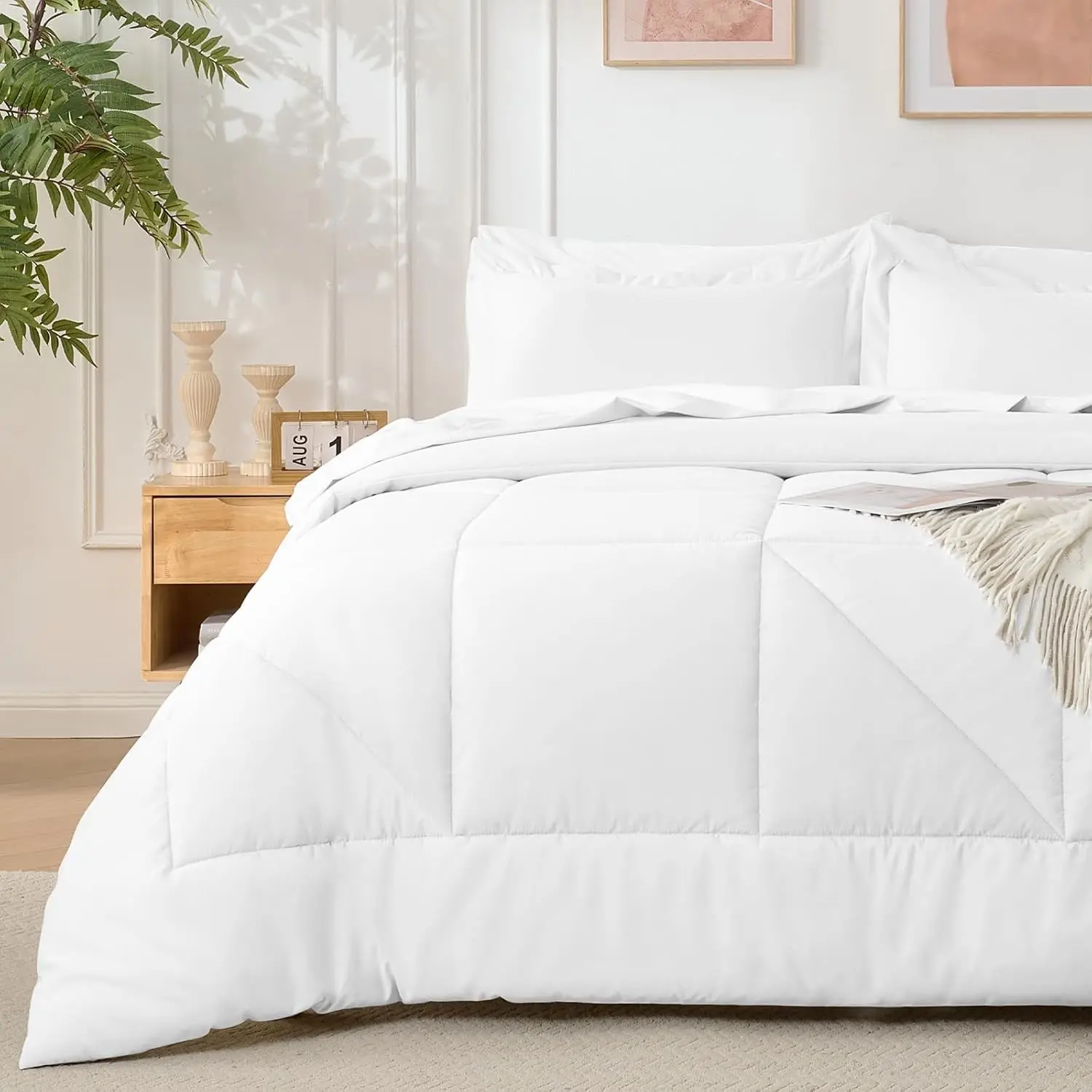 7 Pieces White Comforter Queen Set- Utral Soft Microfiber Bedding Set, Thick Duvet Insert Bed in a Bag Without Rustling Noise for All Season, 88"x88"