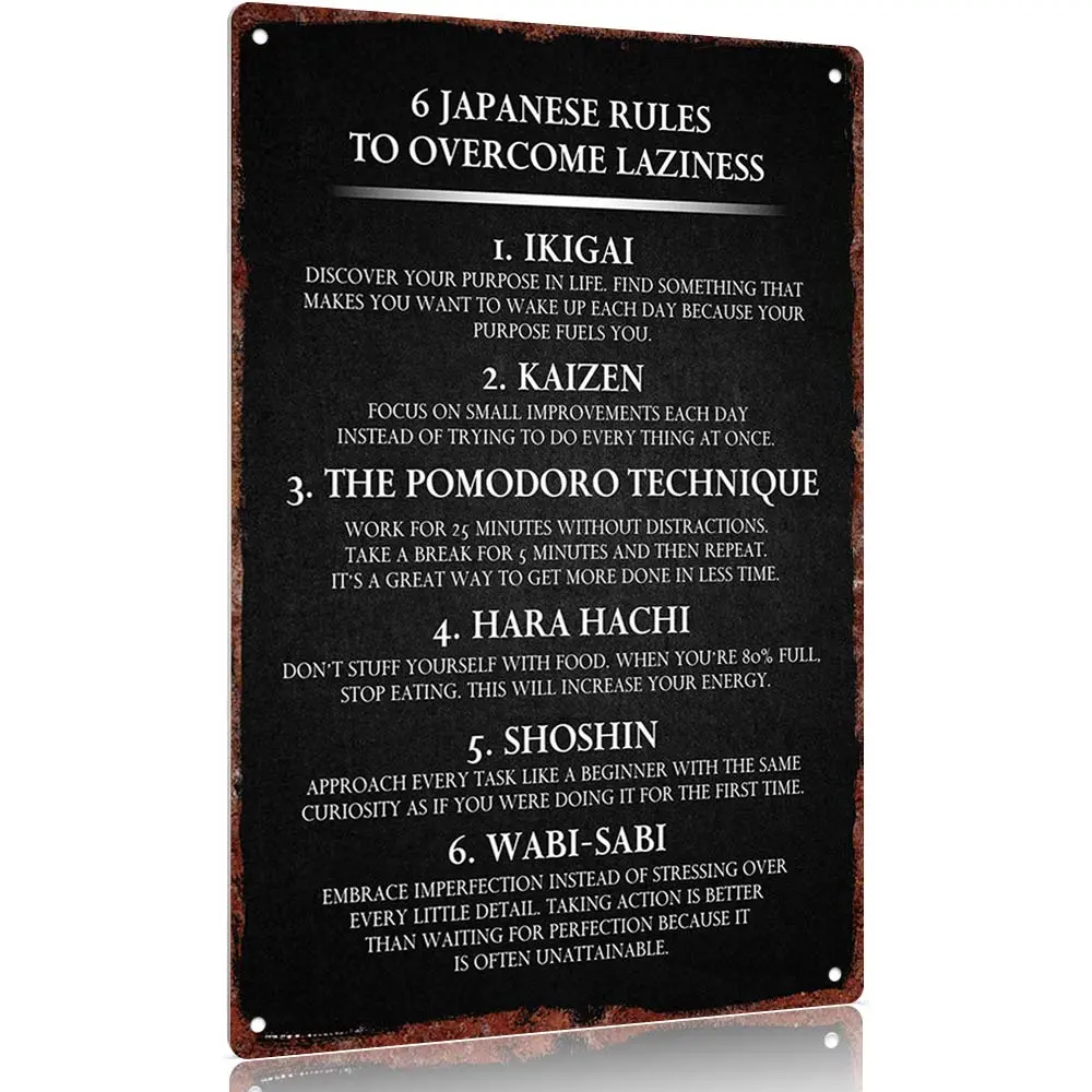 8x12 inch Lightweight Aluminum Decorative Hanging Wall Decor Sign - 6 Japanese Rules (Ikigai, Kaizen, Pomodoro, Hara Hachi, Shoshin, Wabi Sabi) Inspirational Plaque for Farmhouses, Garages, Office, Gift-Worthy Home Supply