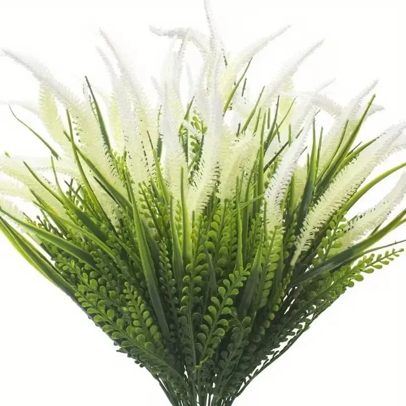 15 Bundles Artificial Plants Outdoor Fake Grass with Flowers UV Resistant Greenery Garden Porch Window Box Decorating