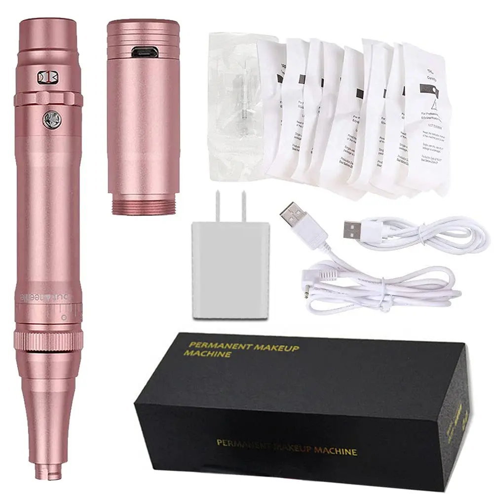 Permanent Makeup Rotary Tattoo Eyebrow Pen Machine with 10PCS Needles For Eyebrows Lips Eyeliners Rose Gold