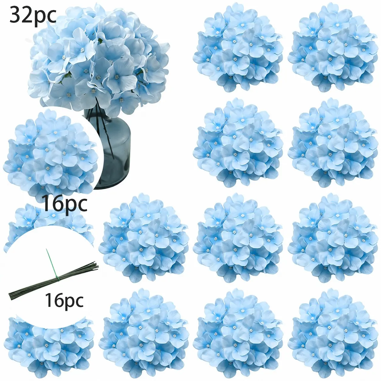 32Pcs Artificial Hydrangea Flowers Light Blue, Realistic Faux Silk Hydrangea Bouquet with Stems, No Maintenance Fake Flowers for Wedding Centerpieces, Home Decor, Vase Arrangement, Party & DIY Decoration