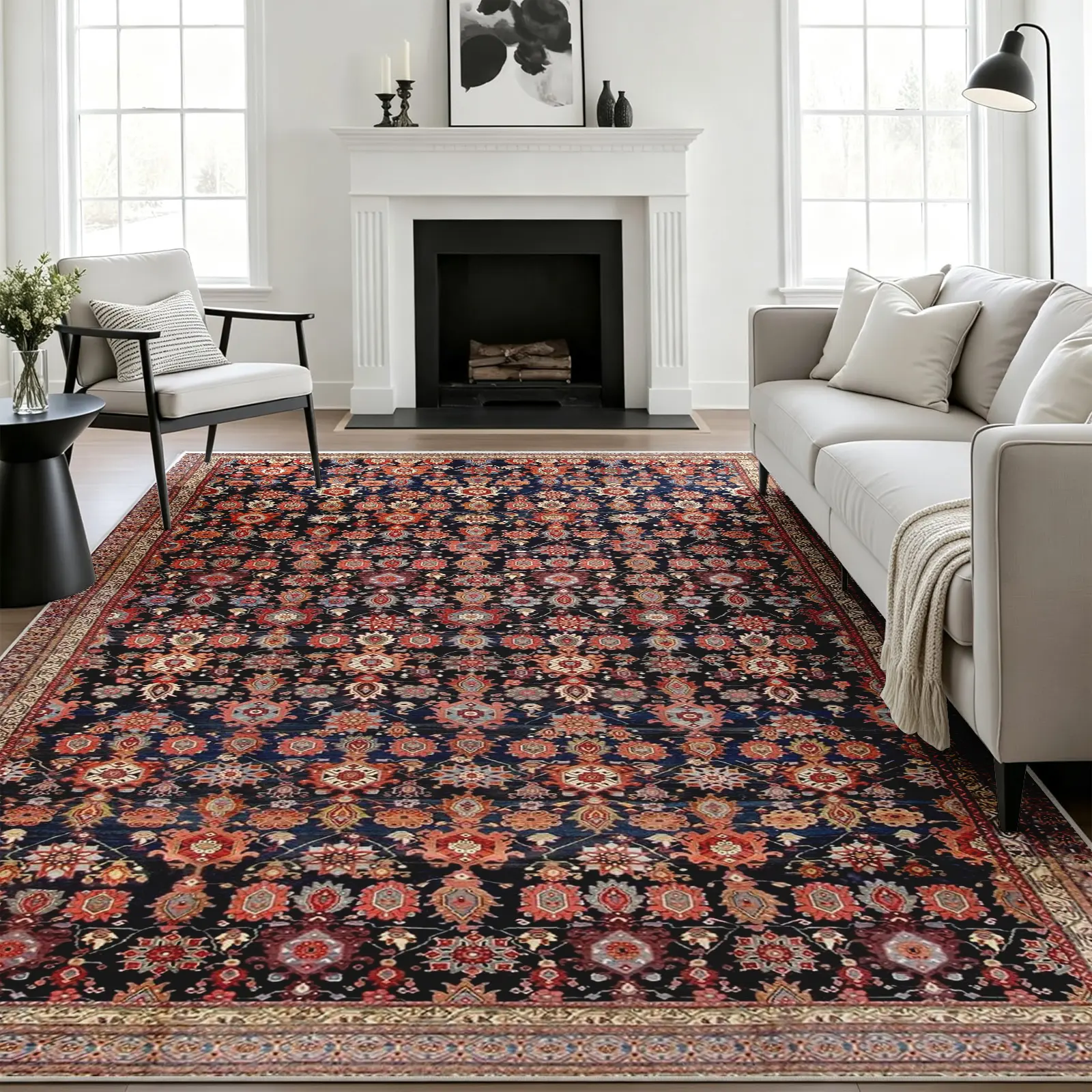 1PC Traditional Oriental Area Rug, Navy Blue and Rust Red Floral Medallion Carpet, Soft, Non-Slip, Machine-Washable Floor Covering, Stain-Resistant, Low-Pile Rug, Aesthetic Decor for Living Room and Bedroom (Various Sizes)
