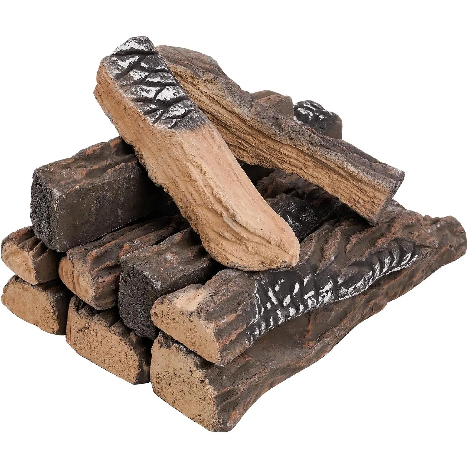 10 count Set of Large Ceramic Logs for Gas Fireplace | Heat Resistant Realistic Logs, Decorate Firepit, Gas Inserts, Ventless & Vent Free