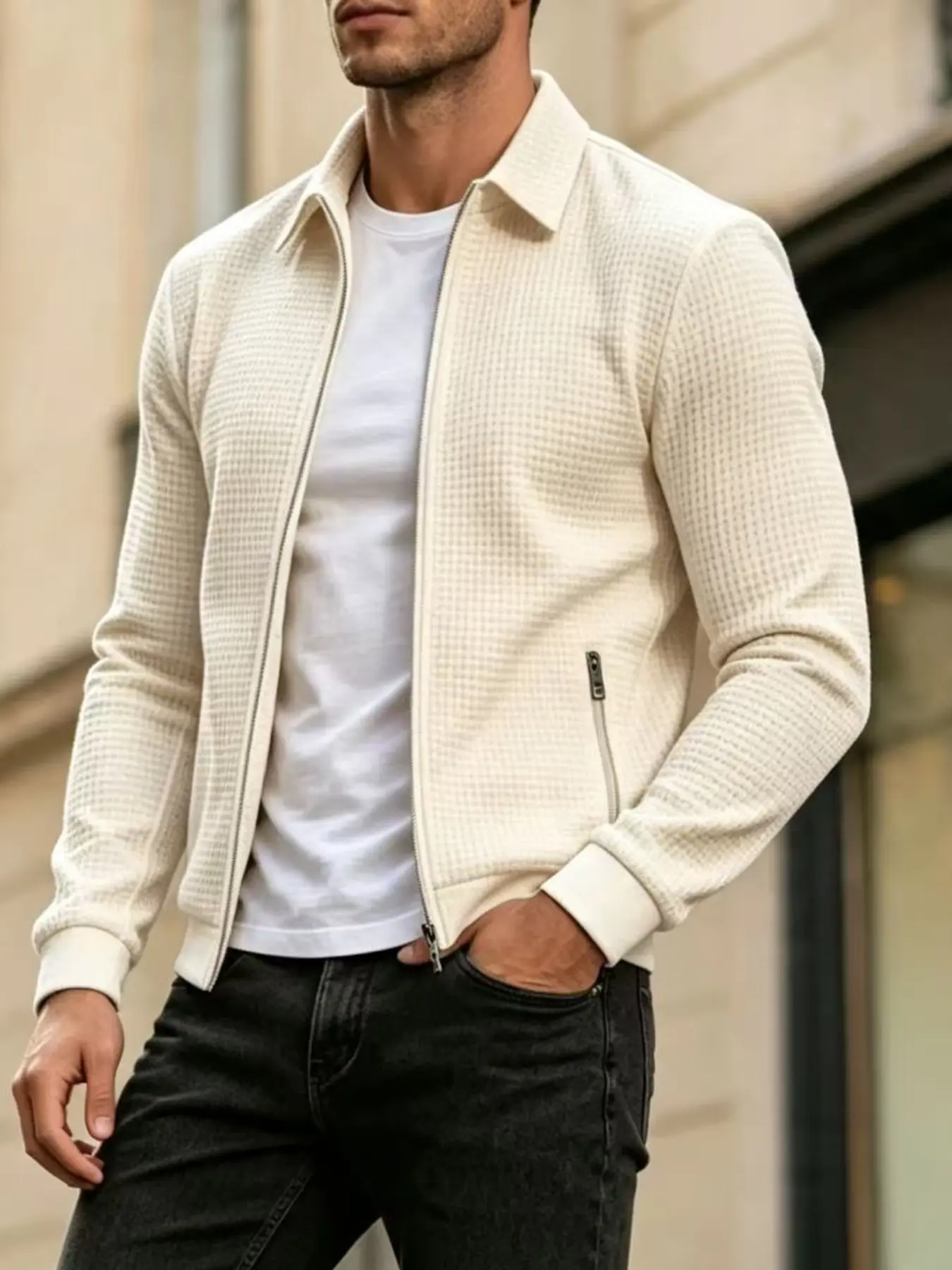 Men's Waffle Knit Zip-Up Jacket with Casual Turn-Down Collar Long Sleeves Lightweight Knit Outerwear for Daily Wear